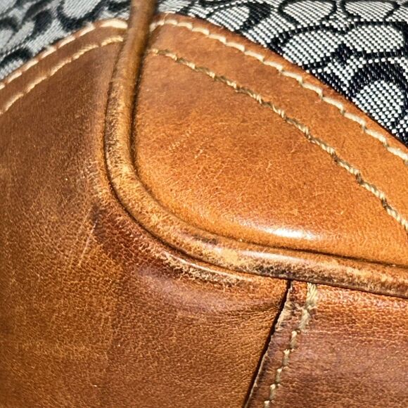 Coach Gallery Navy Blue Monogram W/ British Tan Leather Shoulder Tote F11526 - Picture 6 of 16